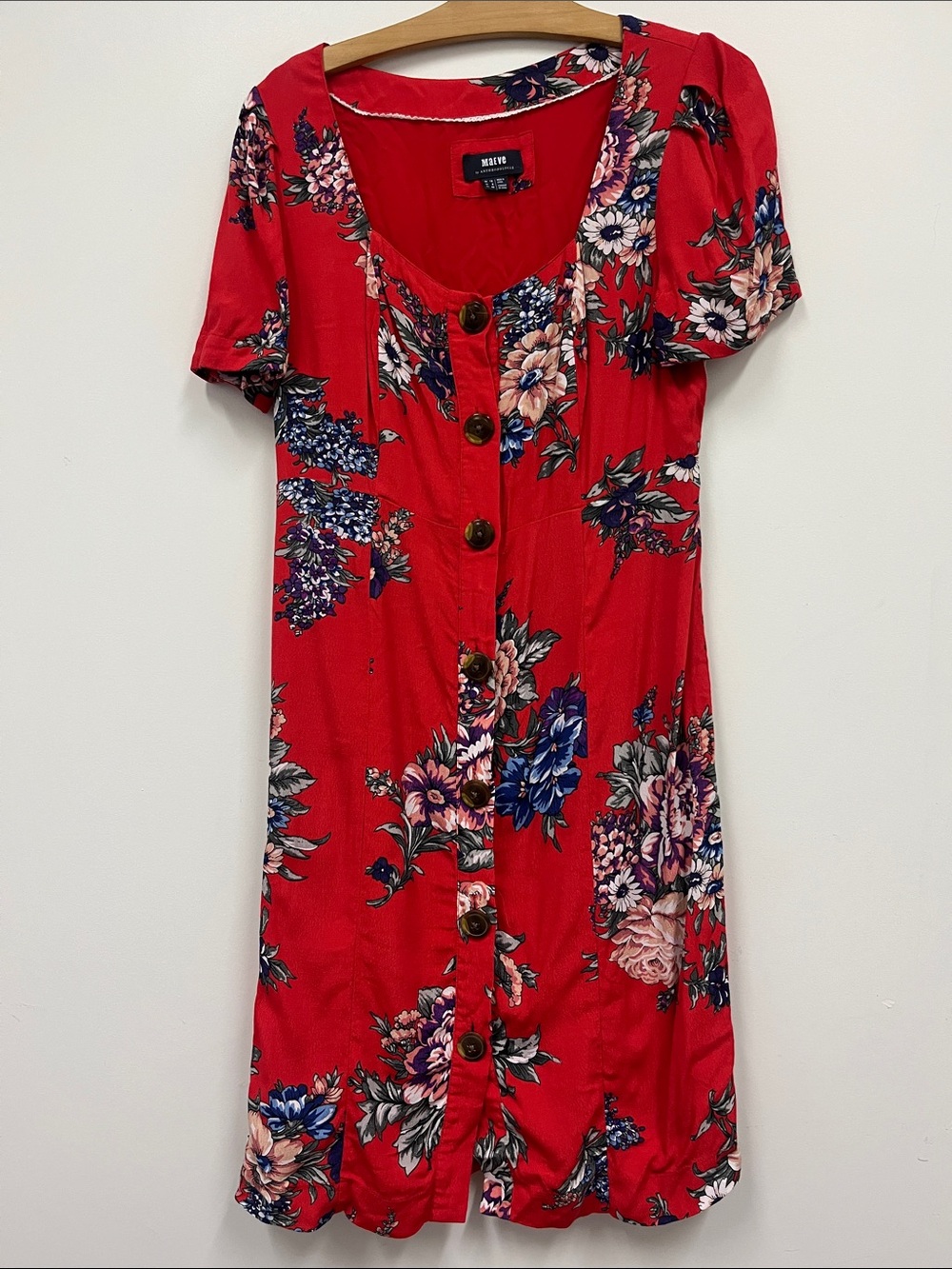 Anthropologie MAEVE Red Floral Button-Front MidiDress size 8